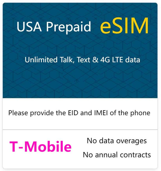 USA T-Mobile Prepaid eSIM Unlimited Data/text/SMS